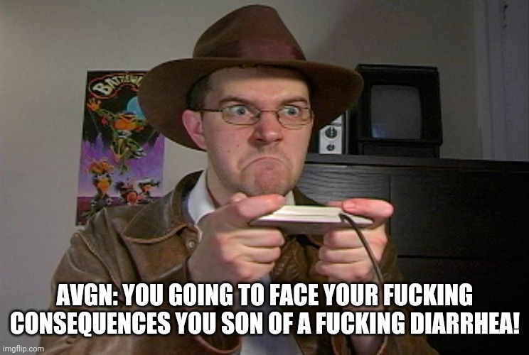Angry AVGN  | AVGN: YOU GOING TO FACE YOUR FUCKING CONSEQUENCES YOU SON OF A FUCKING DIARRHEA! | image tagged in angry avgn | made w/ Imgflip meme maker