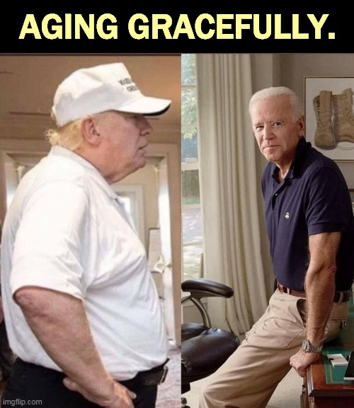 Who's a perfect physical specimen? | AGING GRACEFULLY. | image tagged in aging gracefully trump vs biden,trump,fat,biden,fit | made w/ Imgflip meme maker