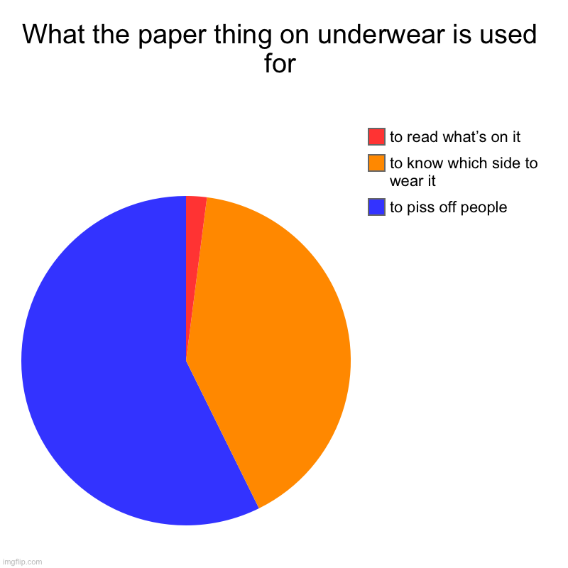 What the paper thing on underwear is used for | to piss off people, to know which side to wear it, to read what’s on it | image tagged in charts,pie charts | made w/ Imgflip chart maker