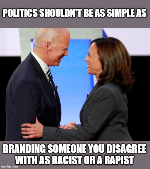 Biden Harris | POLITICS SHOULDN'T BE AS SIMPLE AS BRANDING SOMEONE YOU DISAGREE WITH AS RACIST OR A RAPIST | image tagged in biden harris | made w/ Imgflip meme maker