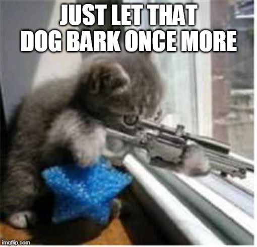 Sniper kitty | JUST LET THAT DOG BARK ONCE MORE | image tagged in cats with guns,memes | made w/ Imgflip meme maker