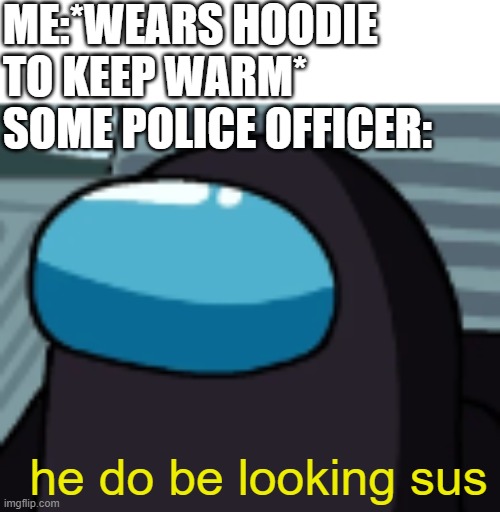 dont he? | ME:*WEARS HOODIE TO KEEP WARM*
SOME POLICE OFFICER:; he do be looking sus | image tagged in among us | made w/ Imgflip meme maker