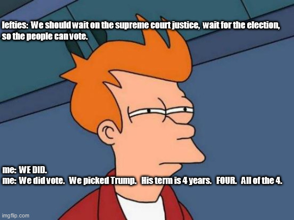 Futurama Fry | lefties:  We should wait on the supreme court justice,  wait for the election, 
so the people can vote. me:  WE DID. 
me:  We did vote.   We picked Trump.   His term is 4 years.   FOUR.   All of the 4. | image tagged in memes,futurama fry | made w/ Imgflip meme maker