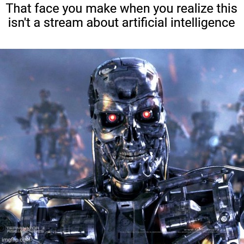 It's technically an ai meme (mod edit: no! Well... Yes) | That face you make when you realize this isn't a stream about artificial intelligence | image tagged in terminator robot t-800 | made w/ Imgflip meme maker