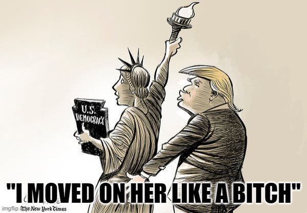 Trump and Democracy | "I MOVED ON HER LIKE A BITCH" | image tagged in donald trump | made w/ Imgflip meme maker