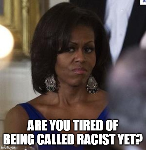 Michelle Obama side eye | ARE YOU TIRED OF BEING CALLED RACIST YET? | image tagged in michelle obama side eye | made w/ Imgflip meme maker