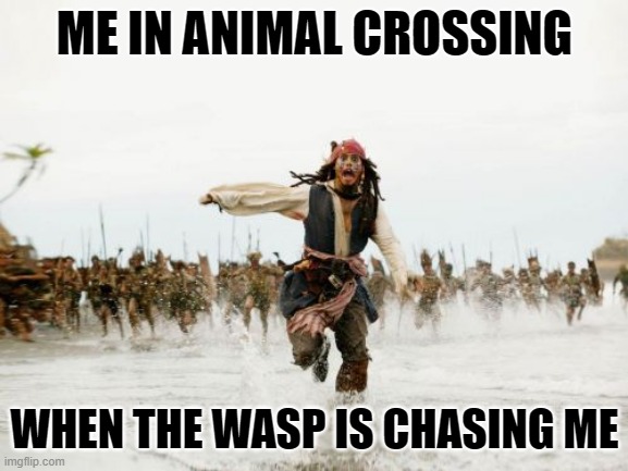 Jack Sparrow Being Chased | ME IN ANIMAL CROSSING; WHEN THE WASP IS CHASING ME | image tagged in memes,jack sparrow being chased | made w/ Imgflip meme maker