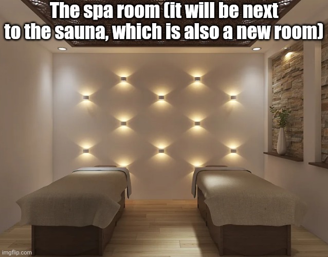 Hotel spa room | The spa room (it will be next to the sauna, which is also a new room) | image tagged in hotel spa room | made w/ Imgflip meme maker