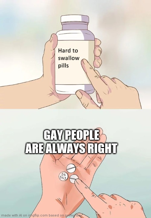 Well I guess ai | GAY PEOPLE ARE ALWAYS RIGHT | image tagged in memes,hard to swallow pills | made w/ Imgflip meme maker