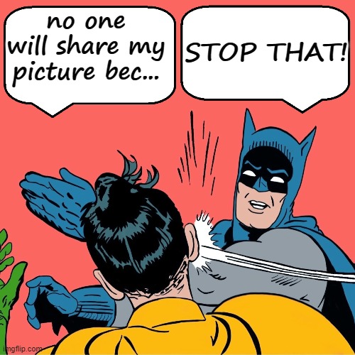 Batman slapping Robin | no one will share my picture bec... STOP THAT! | image tagged in batman slapping robin,batman | made w/ Imgflip meme maker