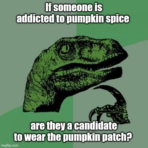 'Tis the season. | If someone is addicted to pumpkin spice; are they a candidate to wear the pumpkin patch? | image tagged in memes,philosoraptor,pumpkinspice,mildlyfunny | made w/ Imgflip meme maker