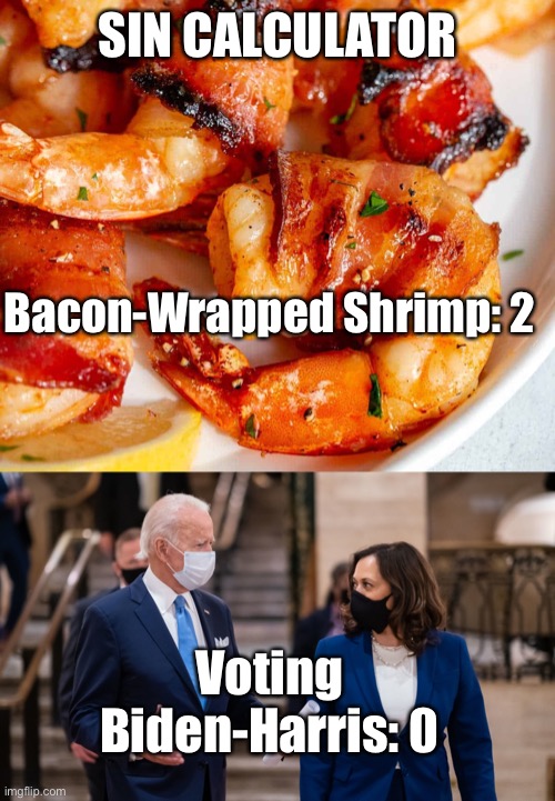 Sin Calculator | SIN CALCULATOR; Bacon-Wrapped Shrimp: 2; Voting Biden-Harris: 0 | image tagged in joe biden,kamala harris | made w/ Imgflip meme maker