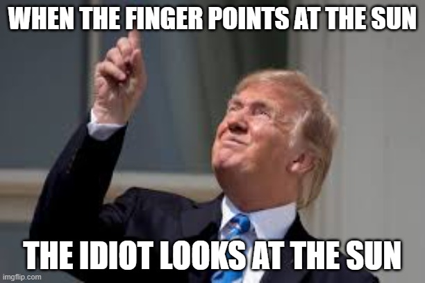 Chinese Proverb | WHEN THE FINGER POINTS AT THE SUN; THE IDIOT LOOKS AT THE SUN | image tagged in trump,solar eclipse,idiot | made w/ Imgflip meme maker