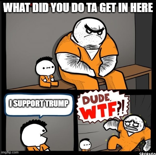 Srgrafo dude wtf | WHAT DID YOU DO TA GET IN HERE; I SUPPORT TRUMP | image tagged in srgrafo dude wtf | made w/ Imgflip meme maker