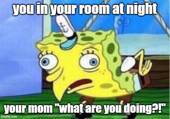 Mocking Spongebob | you in your room at night; your mom "what are you doing?!" | image tagged in memes,mocking spongebob | made w/ Imgflip meme maker
