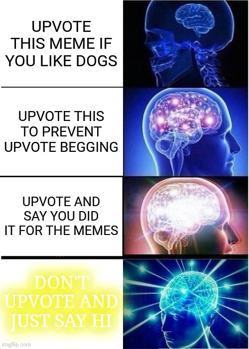 No Need To Upvote, Just Comment 'Hi' | UPVOTE THIS MEME IF YOU LIKE DOGS; UPVOTE THIS TO PREVENT UPVOTE BEGGING; UPVOTE AND SAY YOU DID IT FOR THE MEMES; DON'T UPVOTE AND JUST SAY HI | image tagged in memes,expanding brain,no upvotes,comment | made w/ Imgflip meme maker