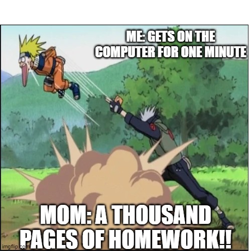 Thousand pages of homework | ME: GETS ON THE COMPUTER FOR ONE MINUTE; MOM: A THOUSAND PAGES OF HOMEWORK!! | image tagged in moms | made w/ Imgflip meme maker