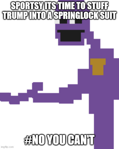 Time For Trump To Pay | SPORTSY ITS TIME TO STUFF TRUMP INTO A SPRINGLOCK SUIT; #NO YOU CAN'T | image tagged in donald trump | made w/ Imgflip meme maker