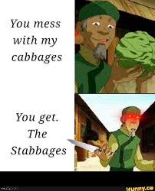 mess with my cabbages you get the stabbages | image tagged in mess with my cabbages you get the stabbages,memes,funny,funny memes,avatar memes,funny meme | made w/ Imgflip meme maker