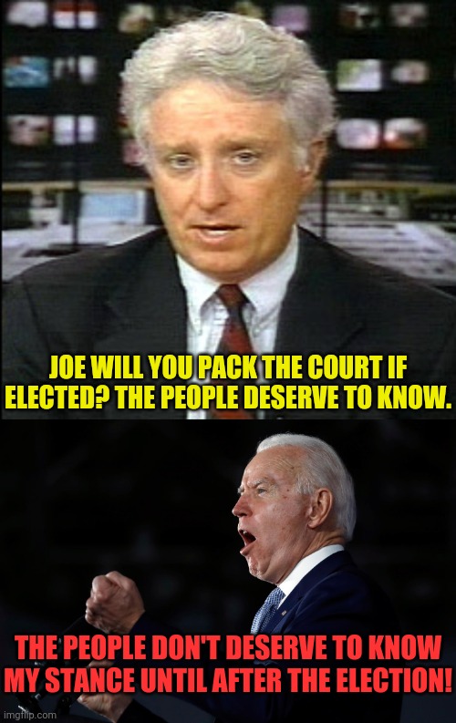 A New Joe Quote | JOE WILL YOU PACK THE COURT IF ELECTED? THE PEOPLE DESERVE TO KNOW. THE PEOPLE DON'T DESERVE TO KNOW MY STANCE UNTIL AFTER THE ELECTION! | image tagged in reporter,joe biden,supreme court,trump 2020,drstrangmeme,conservatives | made w/ Imgflip meme maker