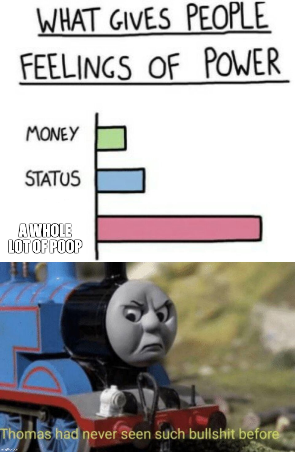 A WHOLE LOT OF POOP | image tagged in what gives people feelings of power,thomas had never seen such bullshit before,poop,bullshit | made w/ Imgflip meme maker