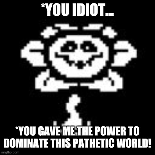 Flowey | *YOU IDIOT... *YOU GAVE ME THE POWER TO DOMINATE THIS PATHETIC WORLD! | image tagged in flowey | made w/ Imgflip meme maker