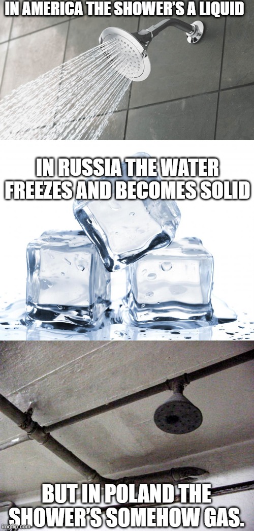Many Kinds of Showers | IN AMERICA THE SHOWER’S A LIQUID; IN RUSSIA THE WATER FREEZES AND BECOMES SOLID; BUT IN POLAND THE SHOWER’S SOMEHOW GAS. | image tagged in shower thoughts,gas chambers | made w/ Imgflip meme maker