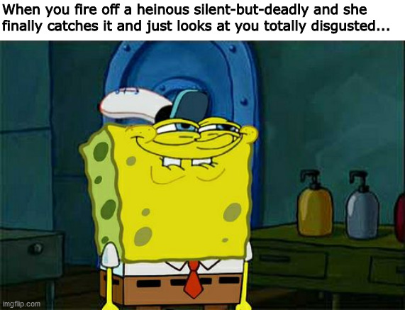 "OMG did you just fart?" | When you fire off a heinous silent-but-deadly and she finally catches it and just looks at you totally disgusted... | image tagged in memes,don't you squidward,farts,funny,spongebob | made w/ Imgflip meme maker