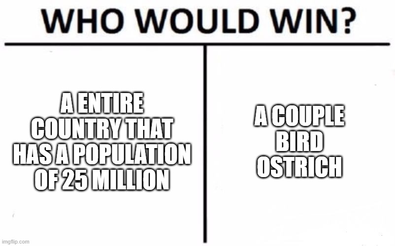 Who Would Win? Meme | A ENTIRE COUNTRY THAT HAS A POPULATION OF 25 MILLION; A COUPLE BIRD OSTRICH | image tagged in memes,who would win | made w/ Imgflip meme maker