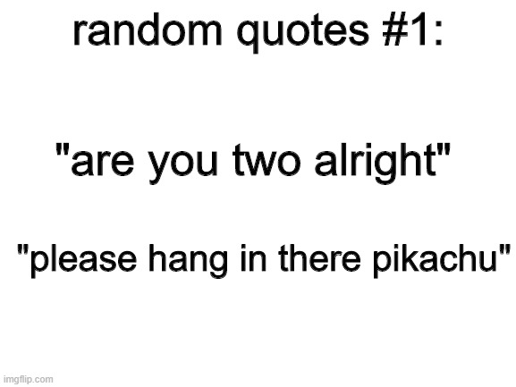 random quotes from the pokemon anime #1 | random quotes #1:; "are you two alright"; "please hang in there pikachu" | image tagged in blank white template,pokemon | made w/ Imgflip meme maker