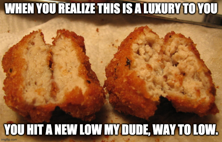 Nugget Disaster | WHEN YOU REALIZE THIS IS A LUXURY TO YOU; YOU HIT A NEW LOW MY DUDE, WAY TO LOW. | image tagged in chicken nuggets | made w/ Imgflip meme maker
