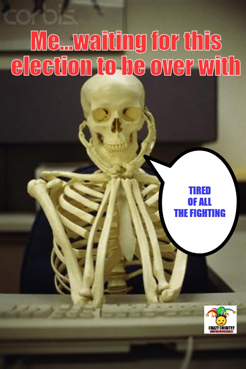Waiting | Me...waiting for this election to be over with; TIRED OF ALL THE FIGHTING | image tagged in waiting skeleton | made w/ Imgflip meme maker