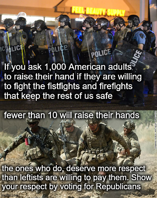 support police | If you ask 1,000 American adults
to raise their hand if they are willing
to fight the fistfights and firefights
that keep the rest of us safe
 
fewer than 10 wiil raise their hands; the ones who do, deserve more respect
than leftists are willing to pay them. Show
your respect by voting for Republicans | image tagged in politics | made w/ Imgflip meme maker
