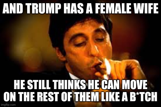 Why Trump having a Jewish *insert family member here* doesn’t prove he’s not an anti-Semite | AND TRUMP HAS A FEMALE WIFE; HE STILL THINKS HE CAN MOVE ON THE REST OF THEM LIKE A B*TCH | image tagged in al pacino cigar,bigotry,sexism,trump is a moron,anti-semite and a racist,anti-semitism | made w/ Imgflip meme maker