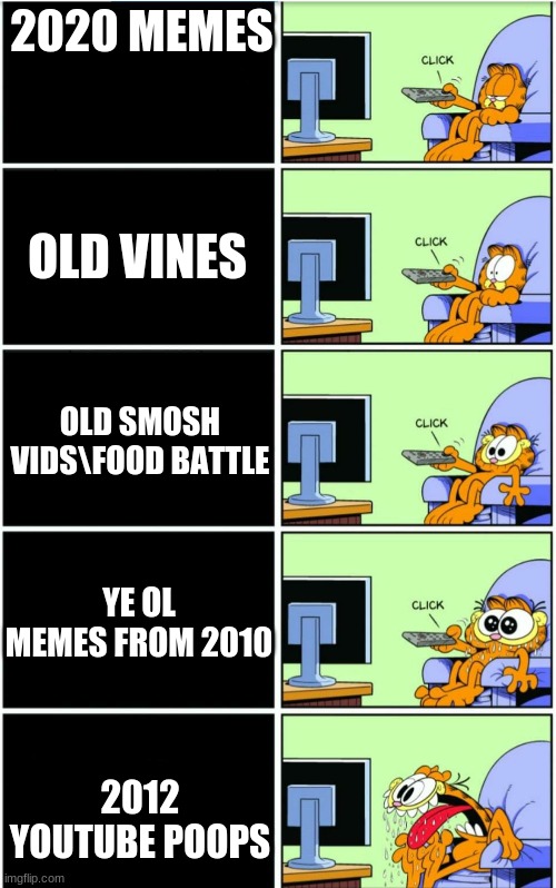 I miss old youtube poops | 2020 MEMES; OLD VINES; OLD SMOSH VIDS\FOOD BATTLE; YE OL MEMES FROM 2010; 2012 YOUTUBE POOPS | image tagged in garfield | made w/ Imgflip meme maker