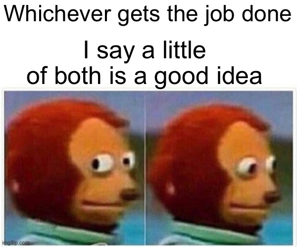 Monkey Puppet Meme | Whichever gets the job done I say a little of both is a good idea | image tagged in memes,monkey puppet | made w/ Imgflip meme maker