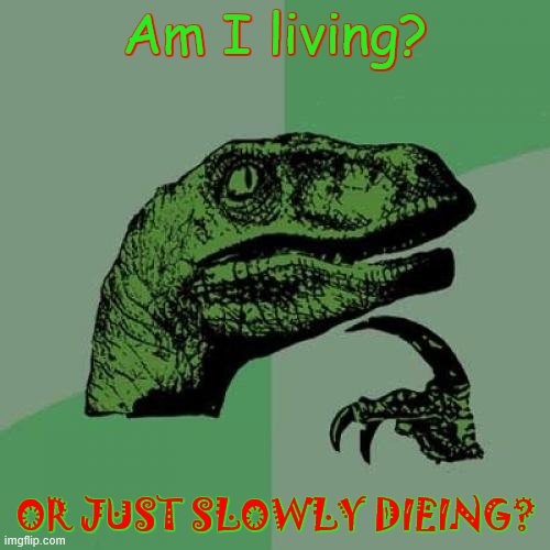 ... | Am I living? OR JUST SLOWLY DIEING? | image tagged in memes,philosoraptor | made w/ Imgflip meme maker