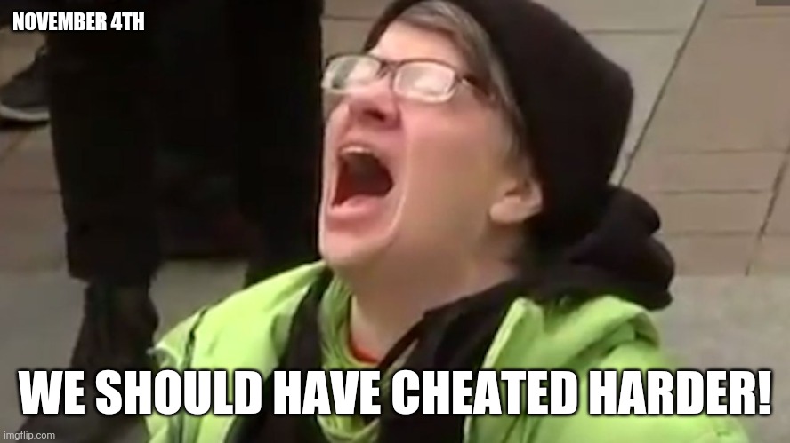 I can already hear the screams | NOVEMBER 4TH; WE SHOULD HAVE CHEATED HARDER! | image tagged in screaming liberal | made w/ Imgflip meme maker