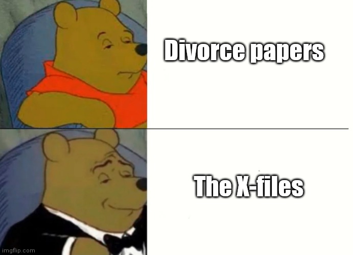 Fancy Winnie The Pooh Meme | Divorce papers The X-files | image tagged in fancy winnie the pooh meme | made w/ Imgflip meme maker