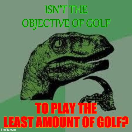 ?!? | ISN'T THE OBJECTIVE OF GOLF; TO PLAY THE LEAST AMOUNT OF GOLF? | image tagged in dinosaur | made w/ Imgflip meme maker