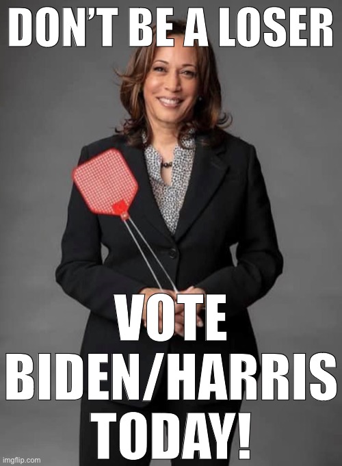 Because some of you seem to be very averse to losing and very partial to winning. | DON’T BE A LOSER; VOTE BIDEN/HARRIS TODAY! | image tagged in kamala harris flyswatter,election 2020,elections,vote,2020 elections,voting | made w/ Imgflip meme maker