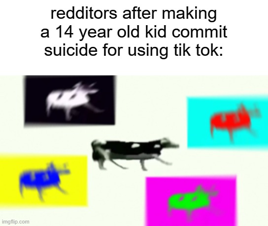 daning polish cow 4am | redditors after making a 14 year old kid commit suicide for using tik tok: | image tagged in memes | made w/ Imgflip meme maker