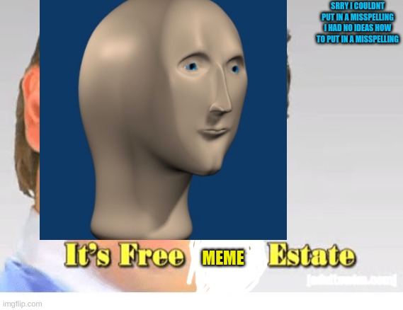 Its Free Meme Estate | SRRY I COULDNT PUT IN A MISSPELLING I HAD NO IDEAS HOW TO PUT IN A MISSPELLING; MEME | image tagged in meme man,its free real estate | made w/ Imgflip meme maker