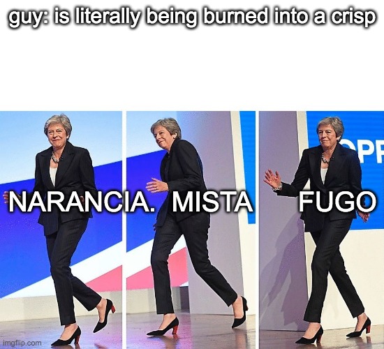 its the same image | guy: is literally being burned into a crisp; NARANCIA.  MISTA      FUGO | image tagged in theresa may walking | made w/ Imgflip meme maker