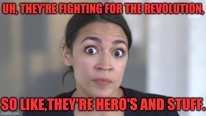 Crazy Alexandria Ocasio-Cortez | UH, THEY'RE FIGHTING FOR THE REVOLUTION, SO LIKE,THEY'RE HERO'S AND STUFF. | image tagged in crazy alexandria ocasio-cortez | made w/ Imgflip meme maker
