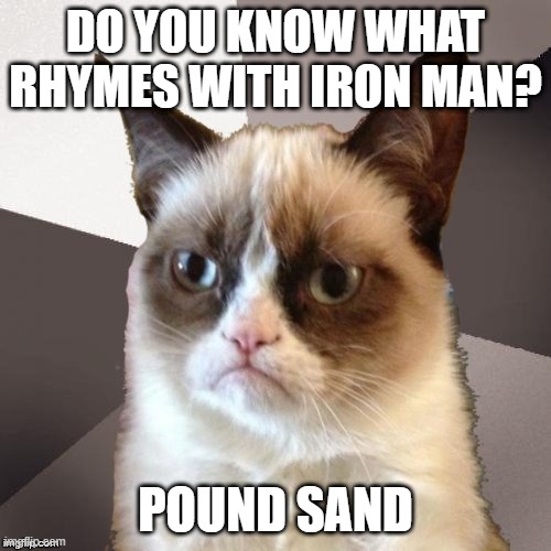 Musically Malicious Grumpy Cat | DO YOU KNOW WHAT RHYMES WITH IRON MAN? POUND SAND | image tagged in musically malicious grumpy cat,grumpy cat,memes,iron man,cats,funny | made w/ Imgflip meme maker