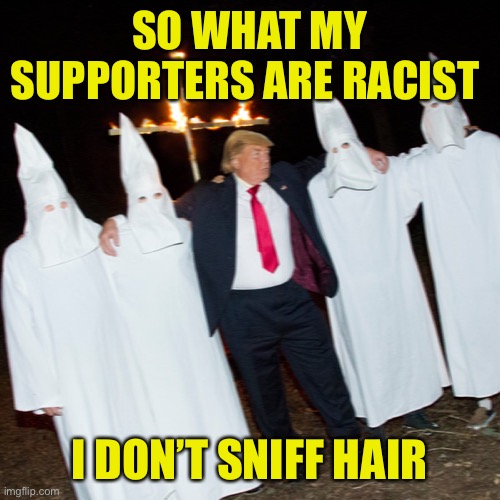 What happens when the lunatics run the asylum? | SO WHAT MY SUPPORTERS ARE RACIST; I DON’T SNIFF HAIR | image tagged in donald trump,trump supporters,cult,orange,death | made w/ Imgflip meme maker