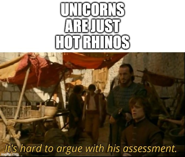 It's hard to argue with his assessment | UNICORNS ARE JUST HOT RHINOS | image tagged in it's hard to argue with his assessment | made w/ Imgflip meme maker