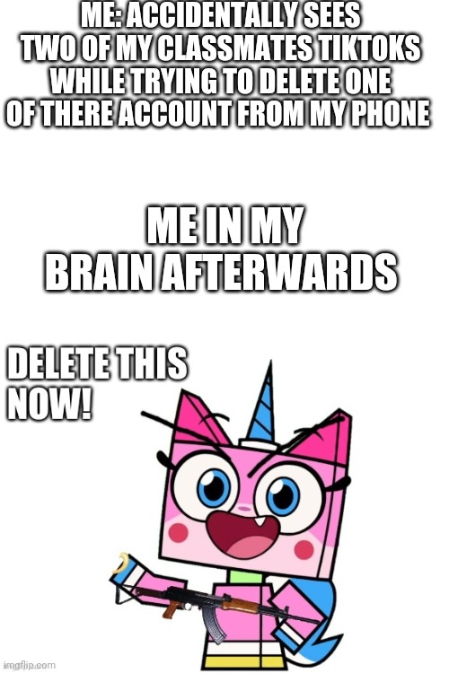 I was unlucky enough to have this experience when I was 11 while watching the Unikitty marathon in my room on Mon Jun 4th 2018 | ME: ACCIDENTALLY SEES TWO OF MY CLASSMATES TIKTOKS WHILE TRYING TO DELETE ONE OF THERE ACCOUNT FROM MY PHONE; ME IN MY BRAIN AFTERWARDS | image tagged in delete this | made w/ Imgflip meme maker