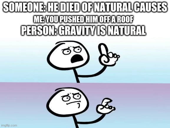 Gravity | SOMEONE: HE DIED OF NATURAL CAUSES; ME: YOU PUSHED HIM OFF A ROOF; PERSON: GRAVITY IS NATURAL | image tagged in speechless stickman,funny memes | made w/ Imgflip meme maker